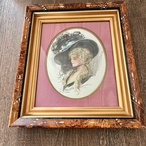 Print Of Women In Black Hat By Artist H. Fisher  In Varnished Wooden Frame 14/16